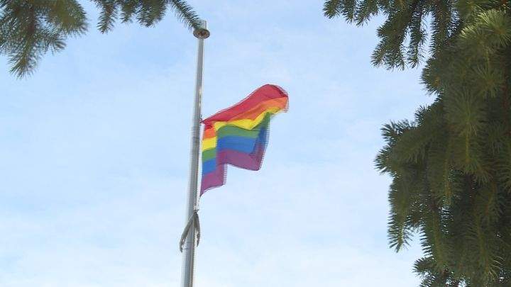 A photo of a pride flag flying in Taber, Alta.