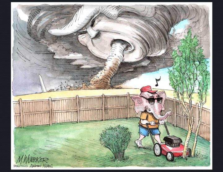 A cartoon by Matt Wuerker, published by Politico June 6, 2017, draws parallels between an Alberta tornado and the Republican Party.