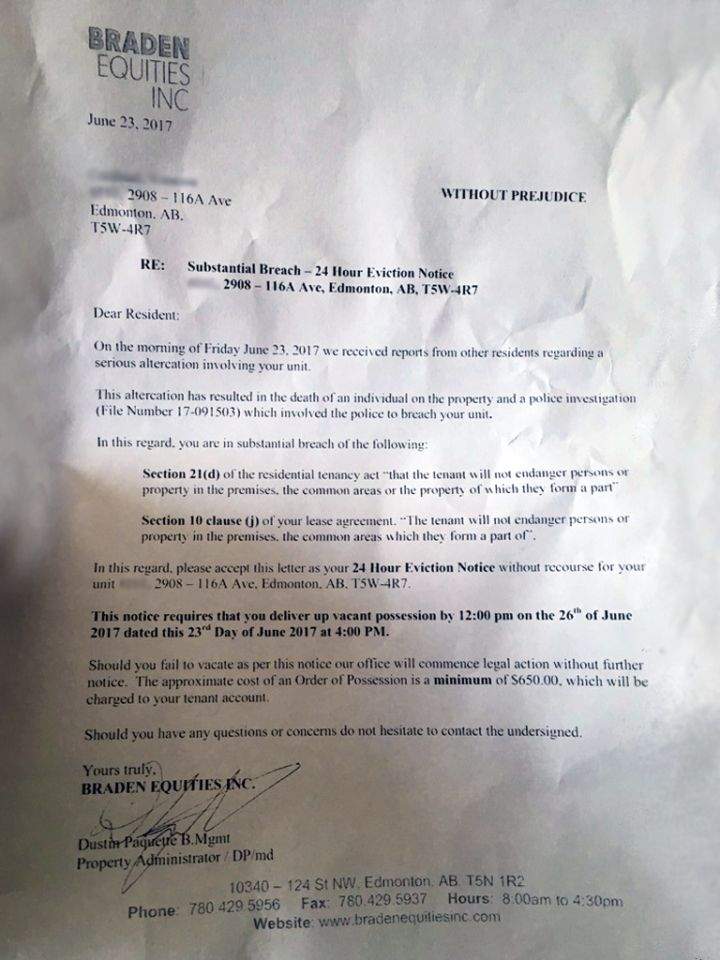 Eviction notice delivered to Ashton Cardinal’s mother hours after he was murdered.