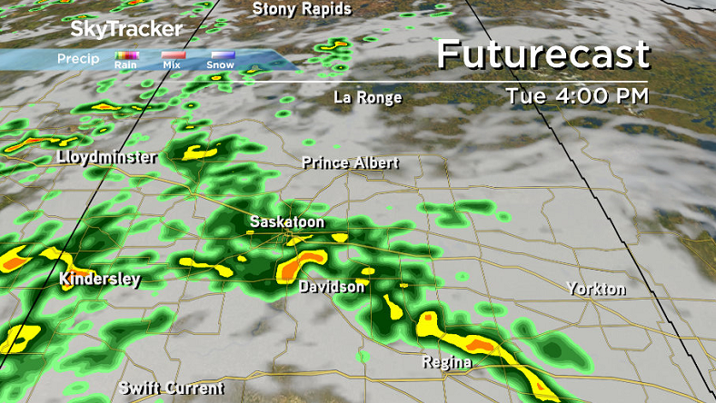 Rain and a risk of thunderstorms moves into central Saskatchewan Tuesday afternoon.