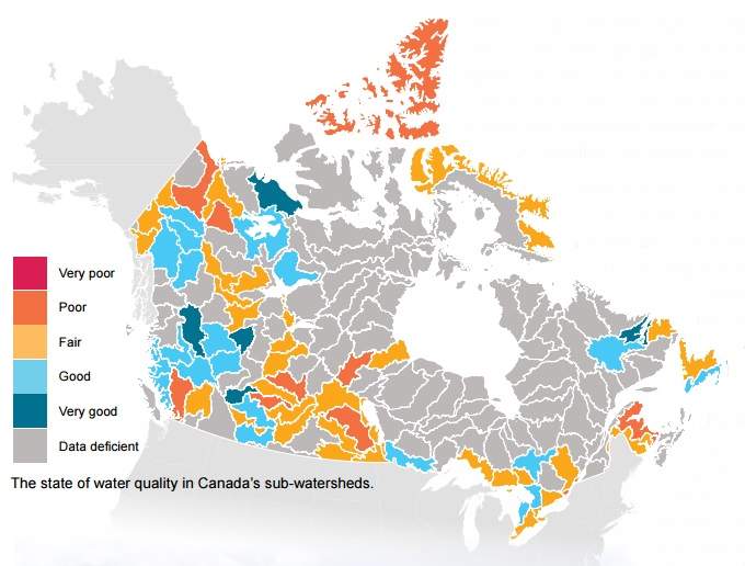 This map shows water quality in sub-watersheds across Canada.