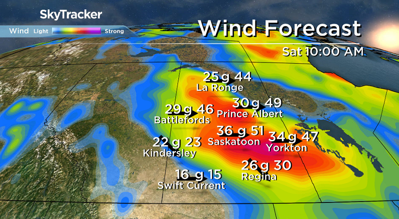 West-northwesterly winds will pick up on Saturday to gusts upwards of 50 to 60 km/h.