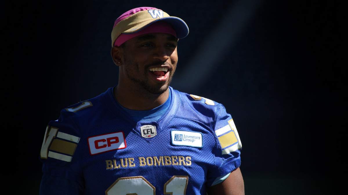 Maurice Leggett smiles during a Winnipeg Blue Bombers practice.