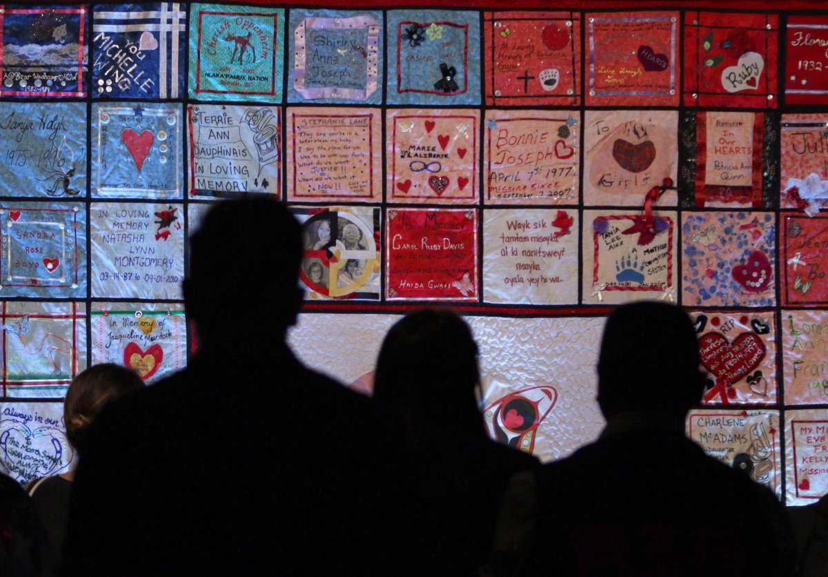 A ceremony was held at the legislature in Victoria, B.C., Tuesday, May 10, 2016 to unveil a memorial quilt crafted by families who have lost loved ones using 90 patches created from victims' clothing, blankets and other possessions to honour the memory of missing and murdered Indigenous women and girls. 