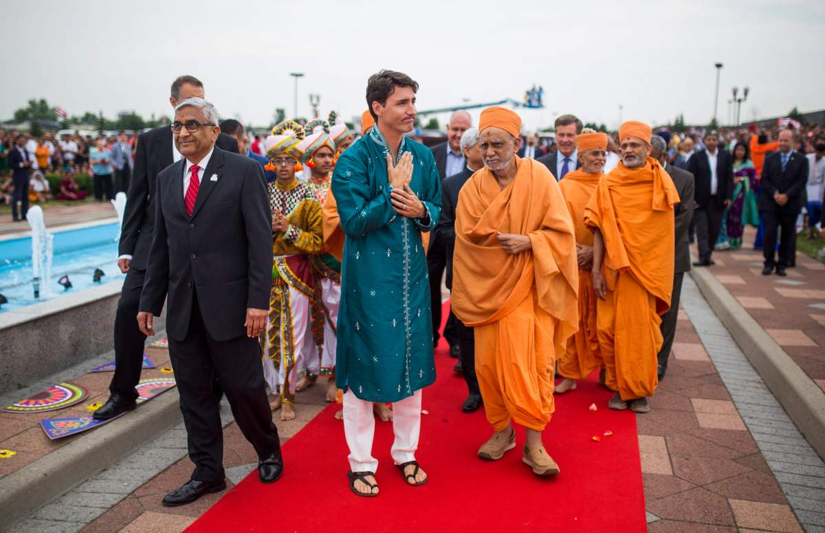 Prime Minister Justin Trudeau arrives at the BAPS Shri Swaminarayan Mandir to celebrate the 10th anniversary of the Hindu temple in Mississauga, Ont., on Saturday, July 22, 2017.