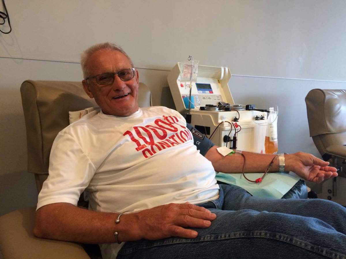 Mick Walker, hooked up to a centrifuge drawing plasma at the CBS clinc on Wharncliffe Road S. on July 6th, 2017.
