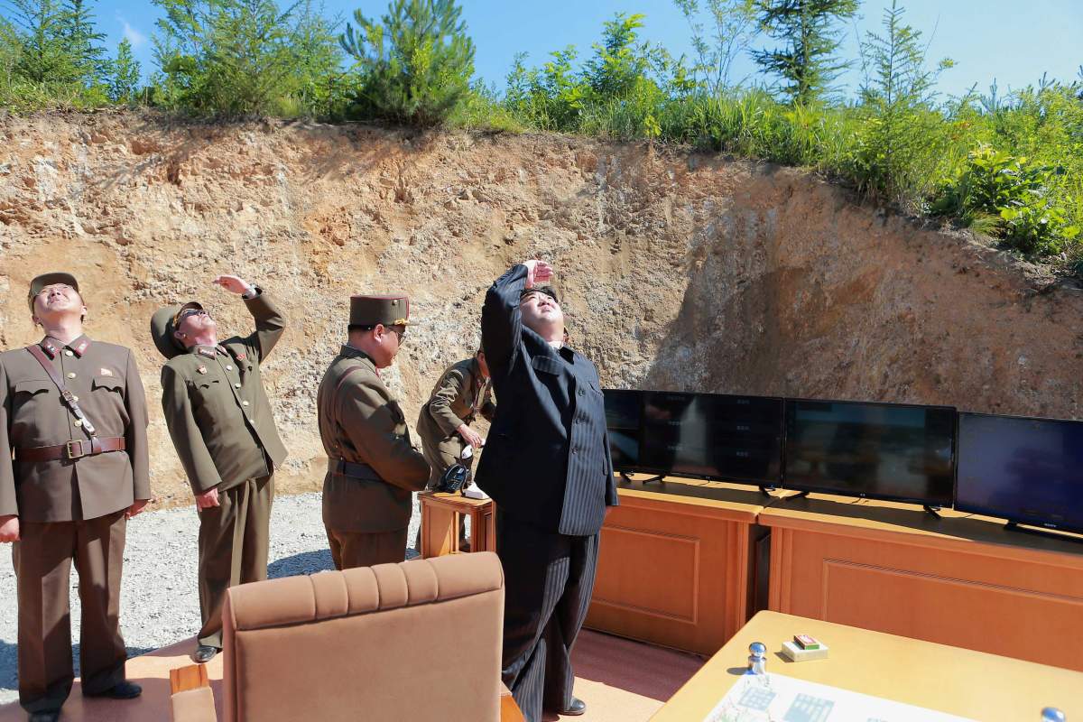 North Korean leader Kim Jong Un looks on during the test-launch of the intercontinental ballistic missile Hwasong-14 in this undated photo released by North Korea’s Korean Central News Agency (KCNA) in Pyongyang July 5, 2017.