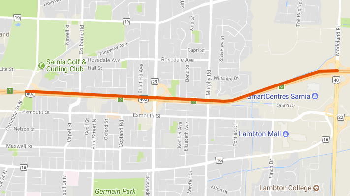 The closure stretches from Hwy. 40 to Christina Street.