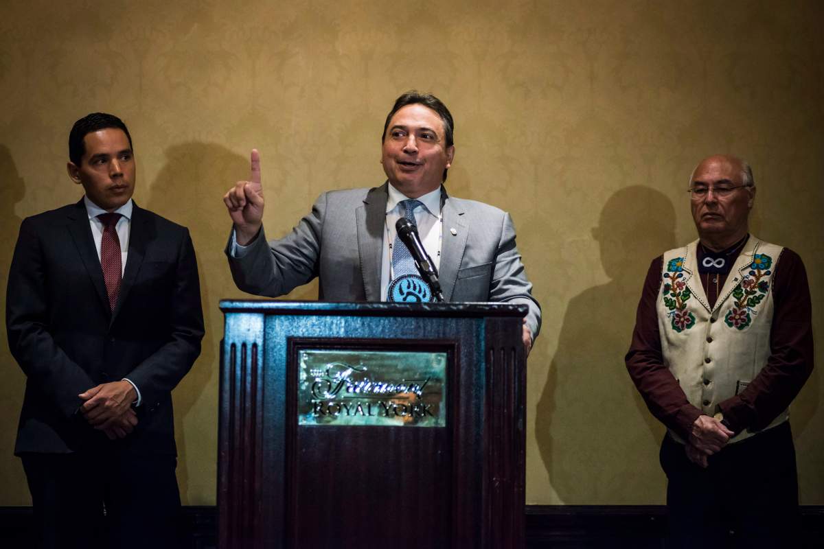 The Assembly of First Nations (AFN) National Chief Perry Bellegarde (centre), Inuit Tapiriit Kanatami (ITK) President Natan Obed (left) and Metis Nation (MNC) President Clement Chartier speak about Indigenous Peoples participation in federal-provincial-territorial intergovernmental meetings during a press conference held in Toronto on Monday, July 17, 2017.