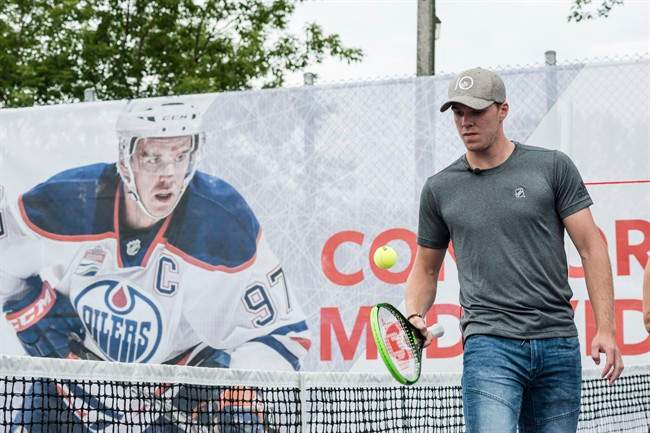 Connor McDavid competes against Aaron Sanchez and Eugenie Bouchard in a “60 Second Scramble” promotional event ahead of the Rogers Cup on Wednesday, July 26, 2017.