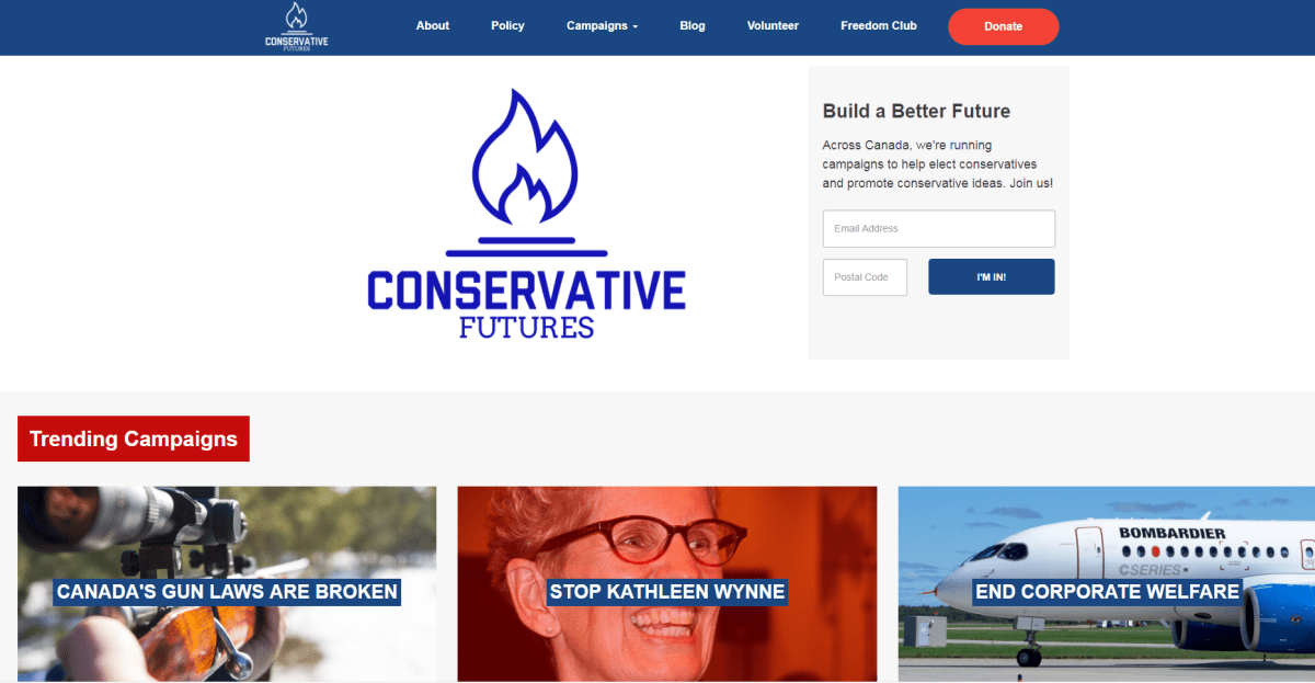 A screenshot of the website for advocacy group Conservative Futures, which aims to push for free market policies within the Conservative Party of Canada.