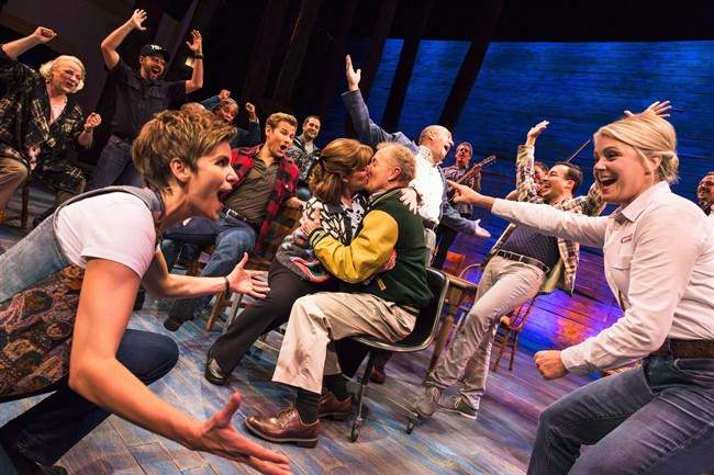 Actors take part in a rehearsal for the play "Come from Away" in this undated handout photo.