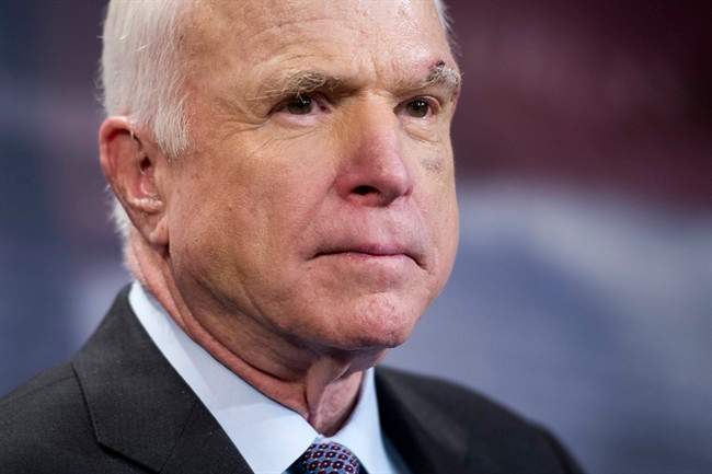 Sen. John McCain, R-Ariz., speaks to reporters at the Capitol as the Republican-controlled Senate unable to fulfill their political promise to repeal and replace "Obamacare" because of opposition and wavering within the GOP ranks, on Capitol Hill in Washington, Thursday, July 27, 2017.