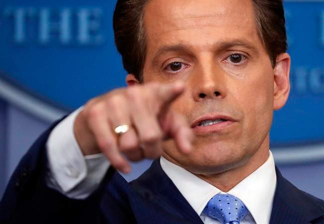 White House communications director Anthony Scaramucci points as he answers questions from members of the media during the press briefing in the Brady Press Briefing room of the White House in Washington, Friday, July 21, 2017.