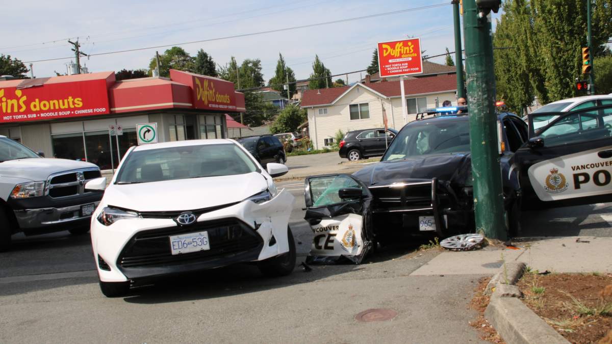 A VPD cruiser was involved in a collision in East Vancouver on Wednesday.