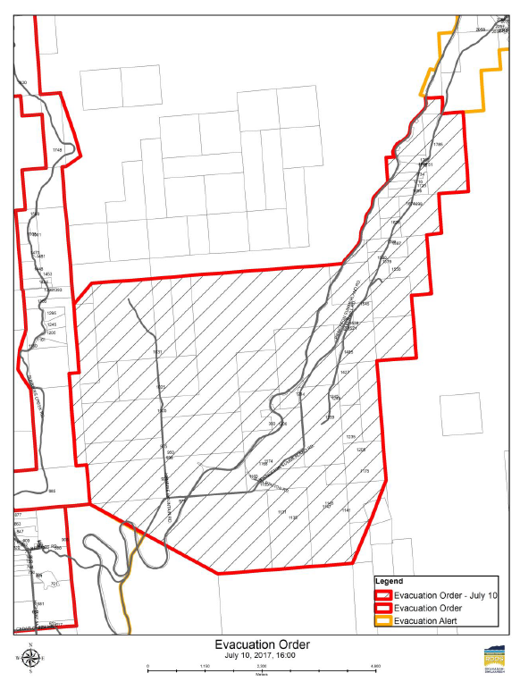 A map showing the 49 properties that were placed under an Evacuation Order along Princeton Summerland Road on July 10, 2017.