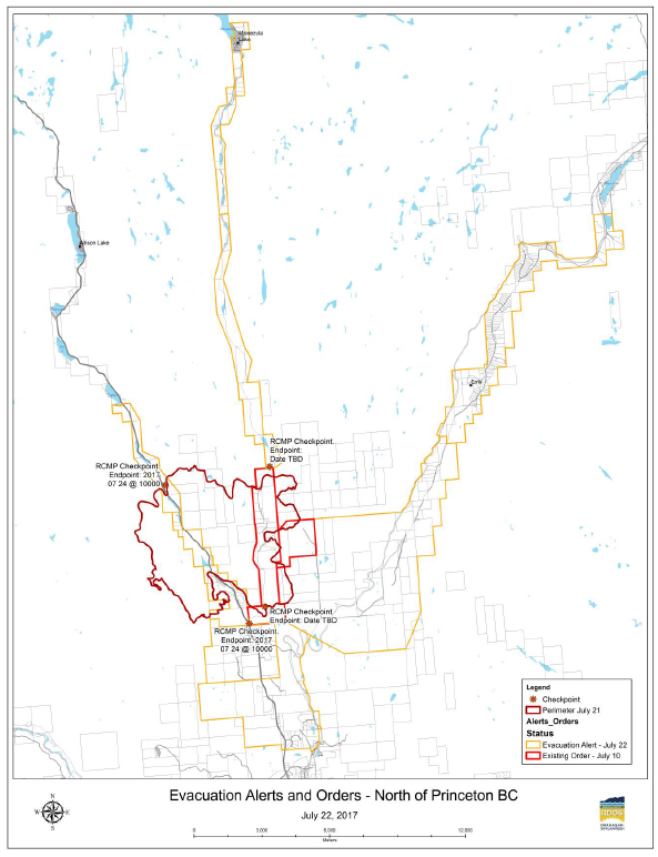 A map showing evacuation order and alert areas near Princeton, B.C. on July 21, 2017.