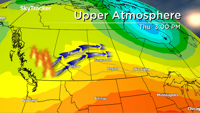 Upper level winds is directing B.C. wildfire smoke into the Saskatoon area on Thursday.