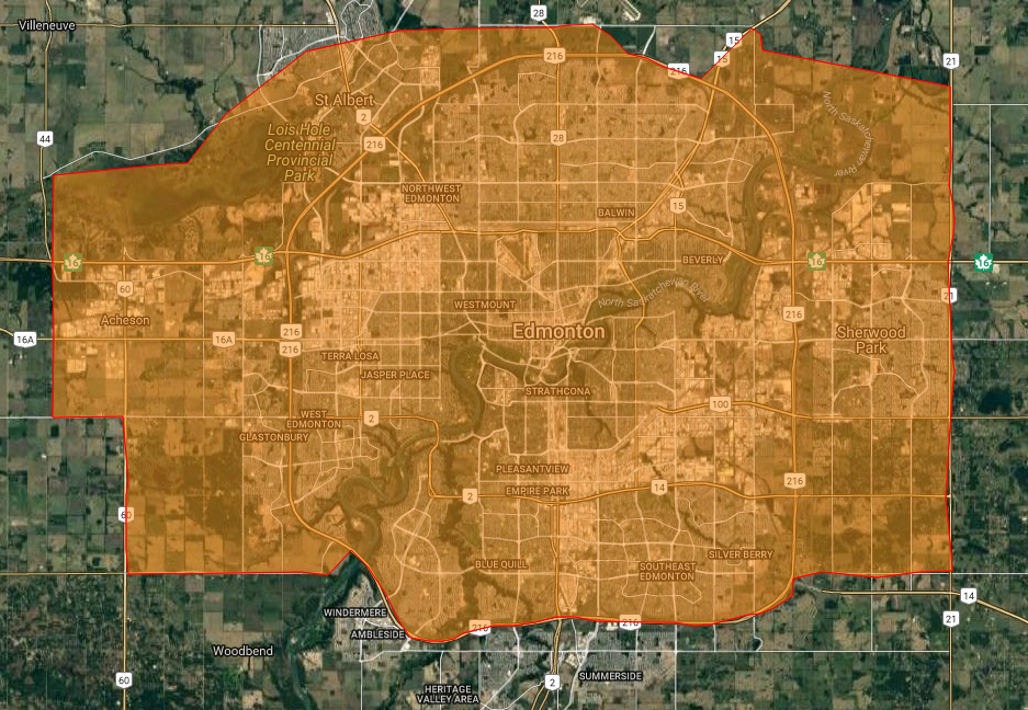 This map shows the City of Edmonton, if it were covered by 78,000 hectares of wildfire.