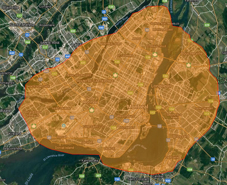This map shows what Montreal might look like if it were covered in about 78,000 hectares of wildfire.