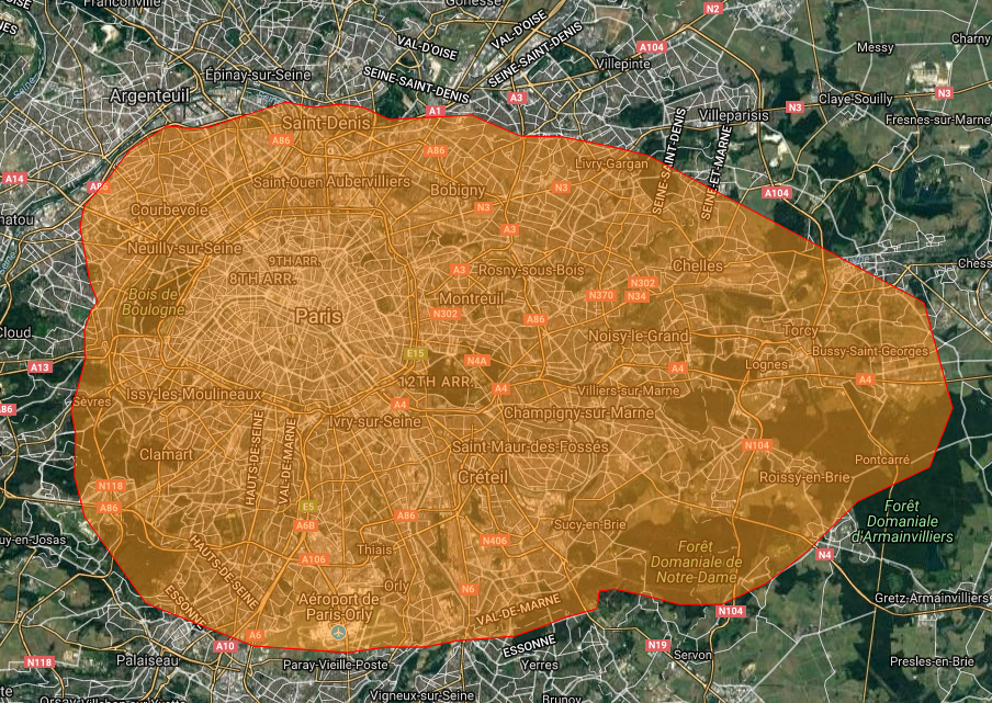This map shows what Paris might look like if it were covered by a wildfire measuring over 78,000 hectares.