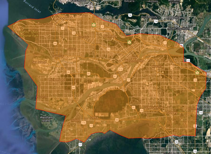 This map shows what Vancouver might look like if it were covered in 78,000 hectares of wildfire.