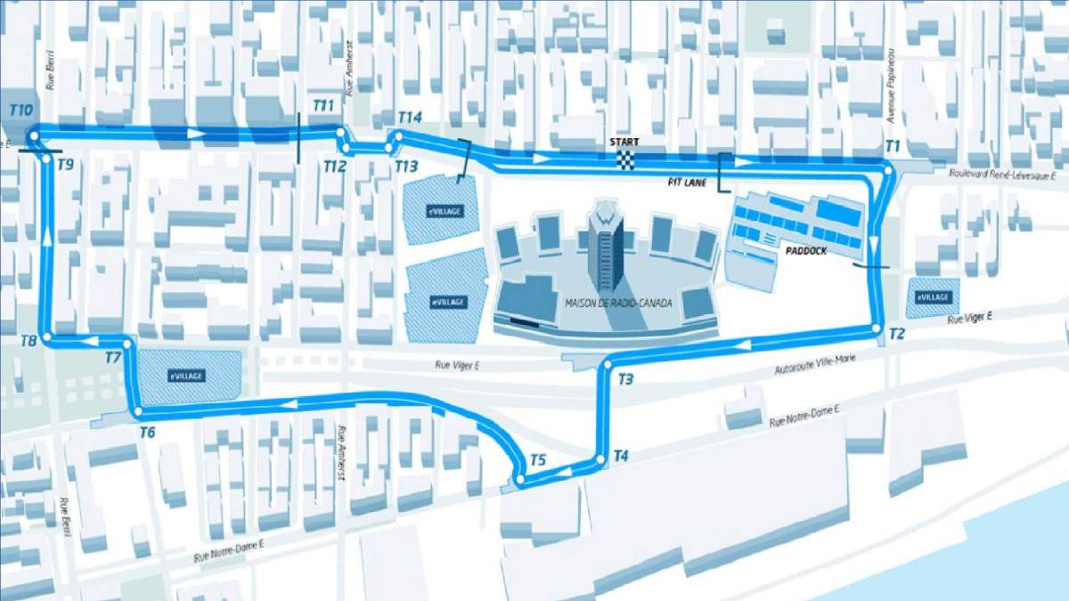 Montreal's Formula E race-track start and finish line is on Rene-Levesque Boulevard and spans between Berri and Papineau Streets. The course is 2.75 km in total and has 14 turns.
