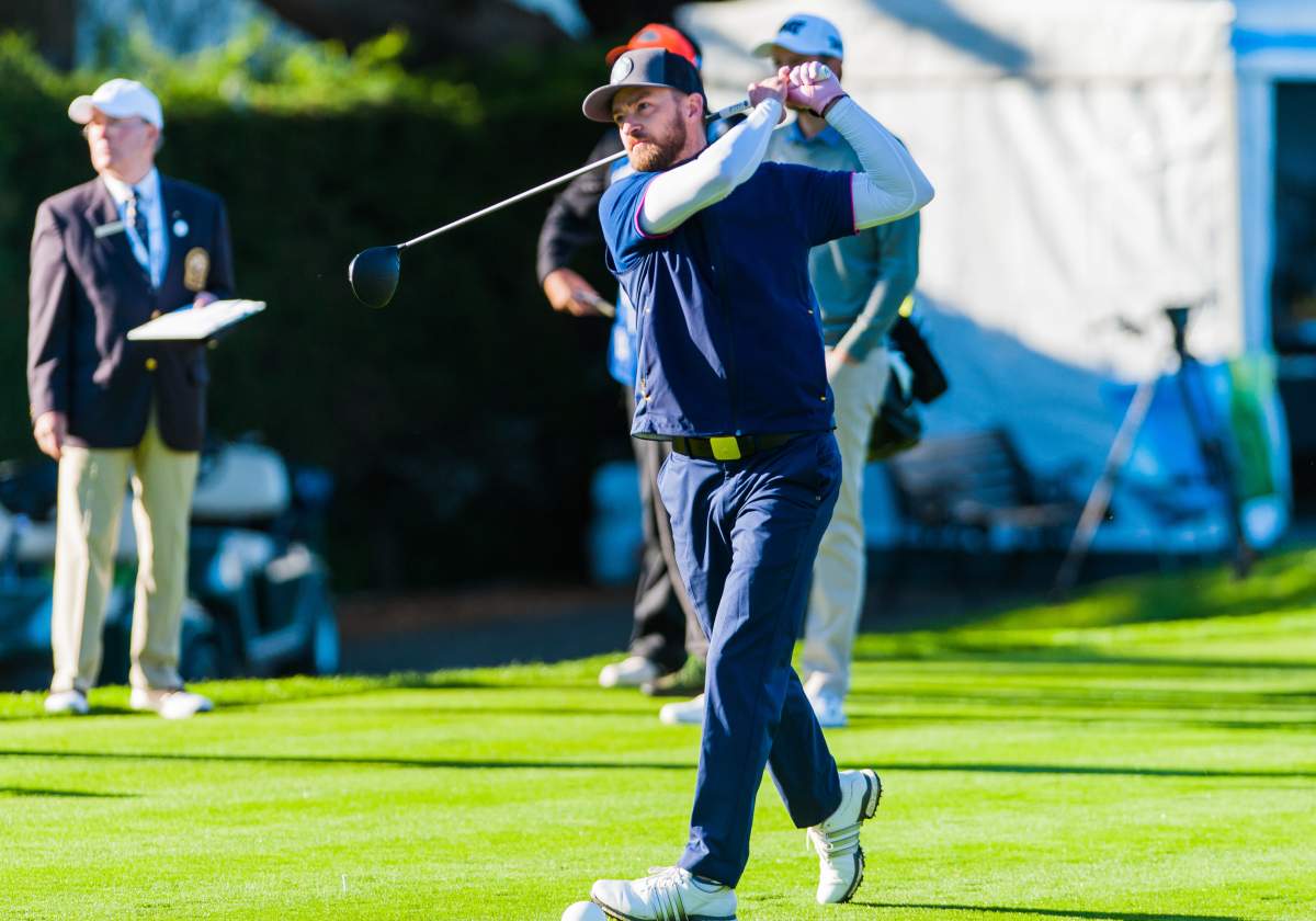Justin Timberlake is seen teeing off from the 1st hole during the final round on February 12, 2017,  at Pebble Beach Golf Links in Pebble Beach,CA.