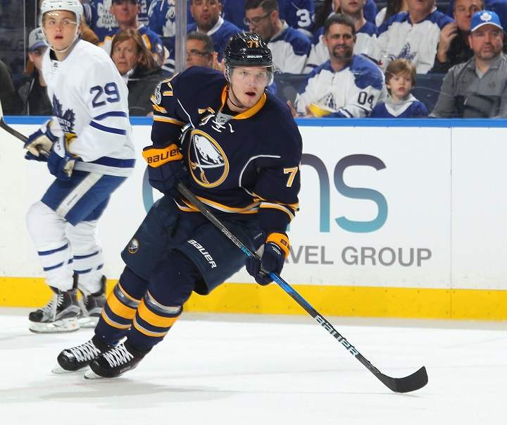 Dmitry Kulikov skates against the Toronto Maple Leafs during an NHL game at the KeyBank Center on April 3, 2017 in Buffalo, New York.