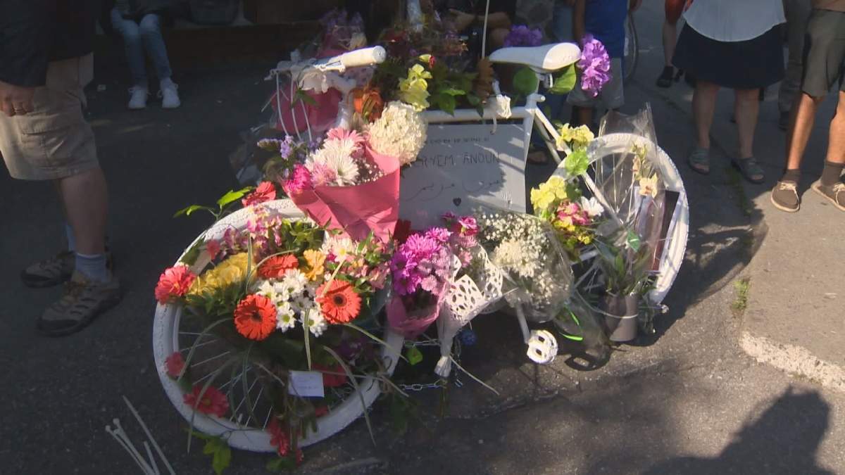 A ghost bike in memory of Meryem Anoun, who was struck and killed in Rosemont last week, was set up at the intersection of Bélanger Street and 6 Avenue. Friday, July 21, 2017.