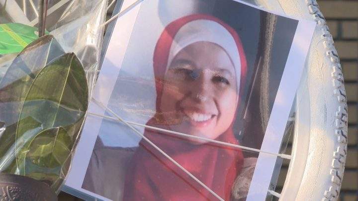 A photo of Meryem Anoun can be seen on a ghost bike installed in her memory in Rosemont. Friday, July 21, 2017.