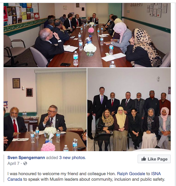 Facebook post regarding Public Safety Minister Ralph Goodale's visit to ISNA-Canada in April.