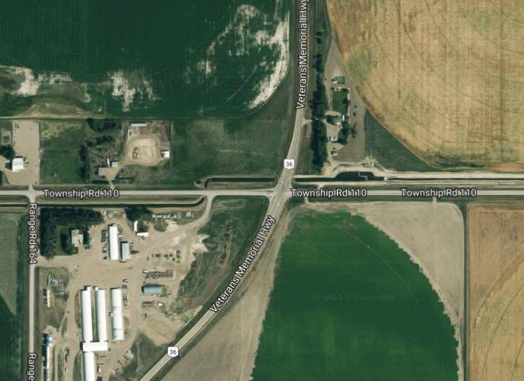 A satellite view of the intersection where a four-year-old girl from Taber, Alta. died in a crash July 10, 2017.