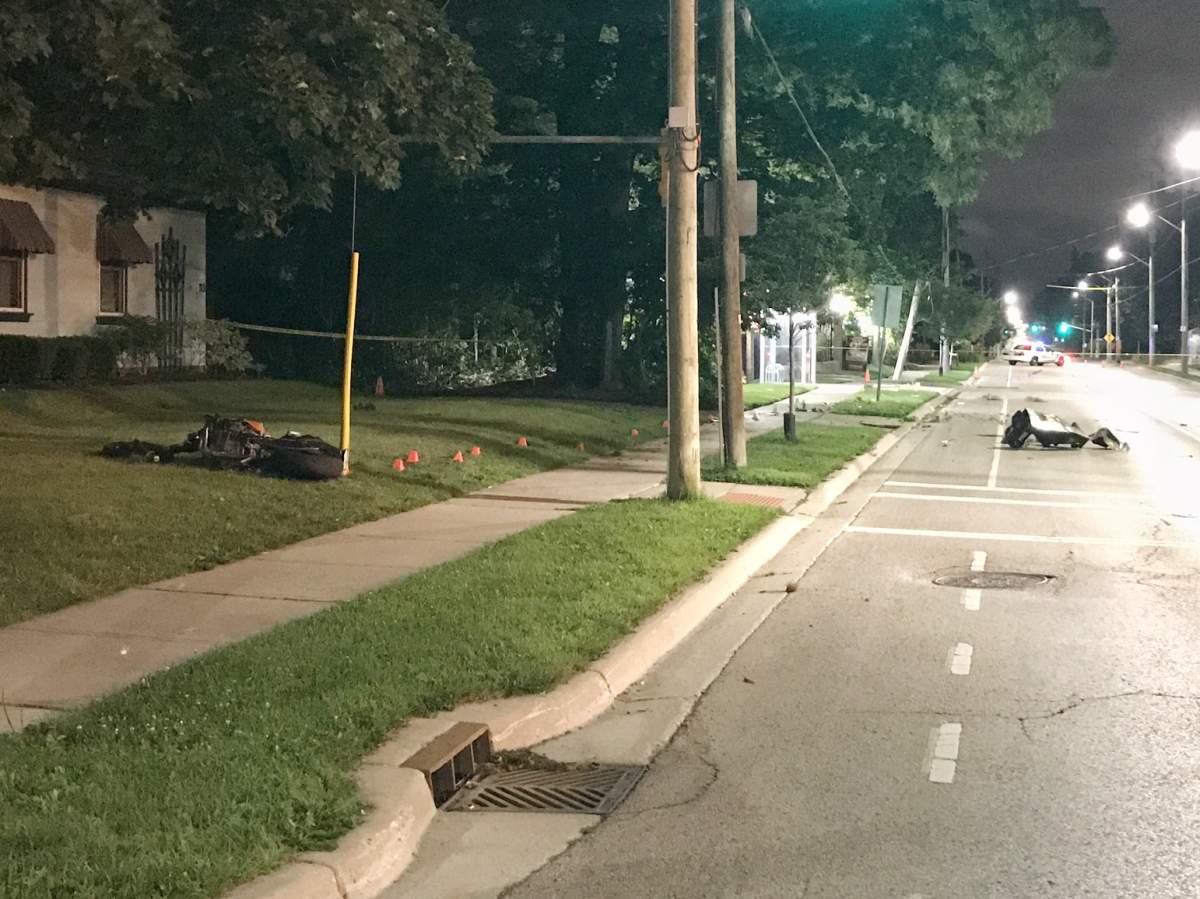 A motorcycle came to rest on the front lawn of a home on Ridout Street in London, Ont. following an early morning crash on July 17, 2017.