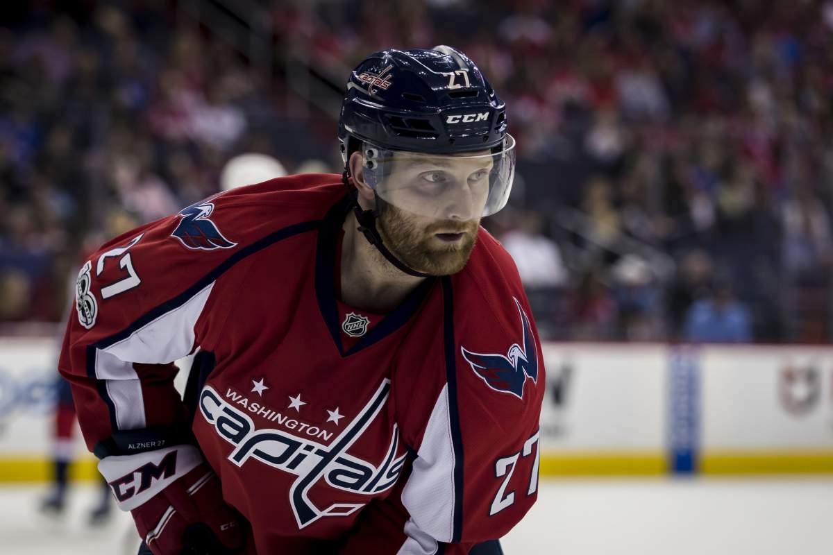 Washington Capitals defenseman Karl Alzner (27) during a break in the game between Washington Capitals and New York Rangers at Verizon Center in Washington, District of Columbia
NHL Rangers vs Capitals, Washington, USA - April 5, 2017.