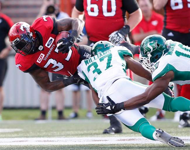Calgary Stampeders' Jerome Messam, left, muscles past Saskatchewan Roughriders' Sam Williams, centre, and Henoc Muamba during first half CFL football action in Calgary, Ab. on Saturday July 22, 2017.