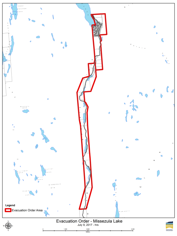 This map shows properties that have been subject to an Evacuation Order along Missezula Lake on July 9, 2017.