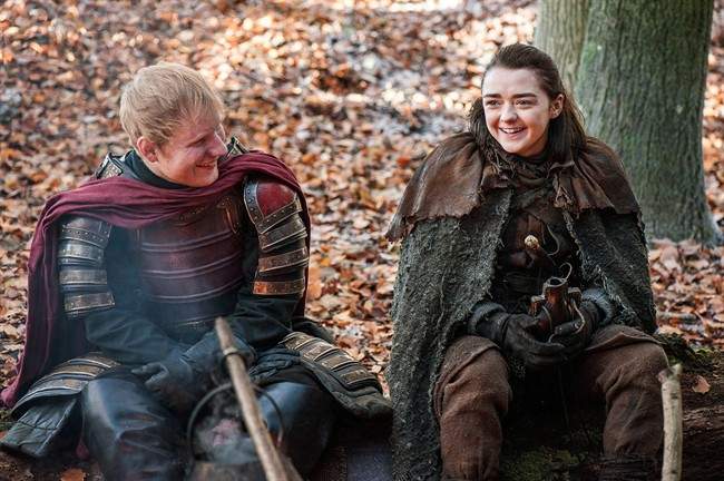 Ed Sheeran, left, and Maisie Williams in a scene from 'Game of Thrones.'.
