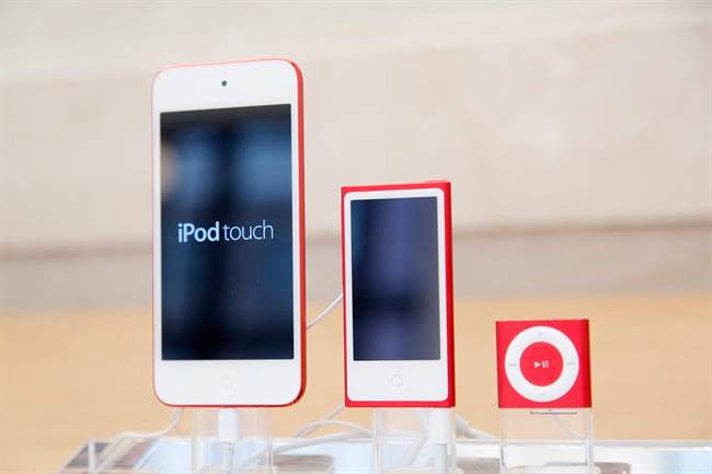  In this June 11, 2015, file photo, from left, an iPod, iPod Nano and iPod Shuffle are displayed at an Apple store in New York. 