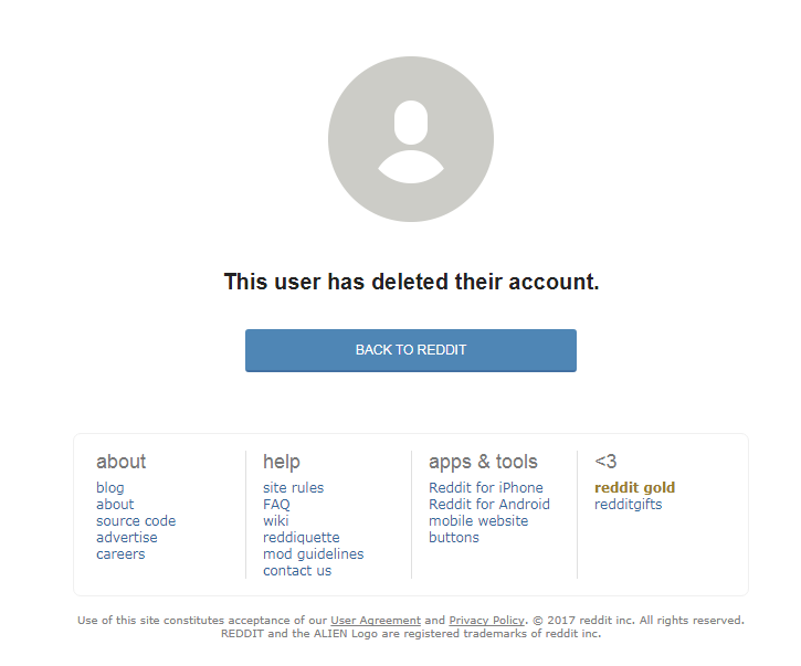 The screen that showed up on searches for user “HanA**holeSolo,” on July 4, 2017. The user was credited with having created the GIF that showed Donald Trump beating up on a person with the CNN logo superimposed over their head.
