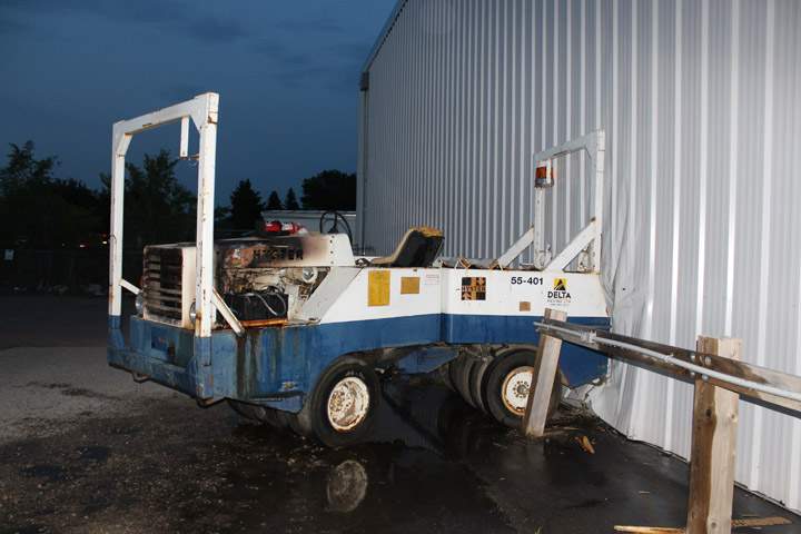 Damage is estimated at $75,000 after a stolen asphalt packer was driven into the side of a building in Saskatoon.