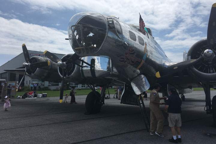 The ‘Sentimental Journey,’ a Second World War B-17 bomber, sits on the tarmac at Kingston airport.