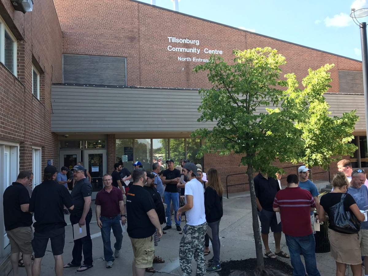Siemens workers gather at the Tillsonburg Community Centre ahead of meeting discussing plant future.
