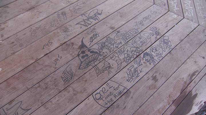 Graffiti at the Mordecai Richler Gazebo.