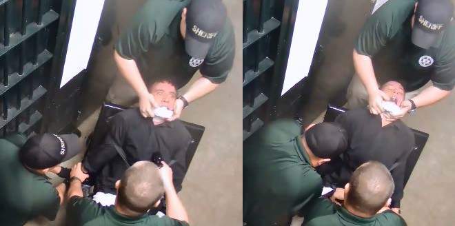 Screenshots of the surveillance footage show three officers holding down Jordan Norris while he is restrained in a chair and an officer fires a Taser