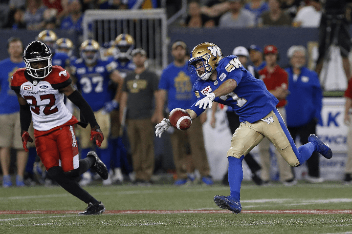 Calgary Stampeders' Kamar Jorden (88) and Lemar Durant (1) celebrate Jorden's touchdown against the Winnipeg Blue Bombers during the second half of CFL action in Winnipeg Friday, July 7, 2017. 