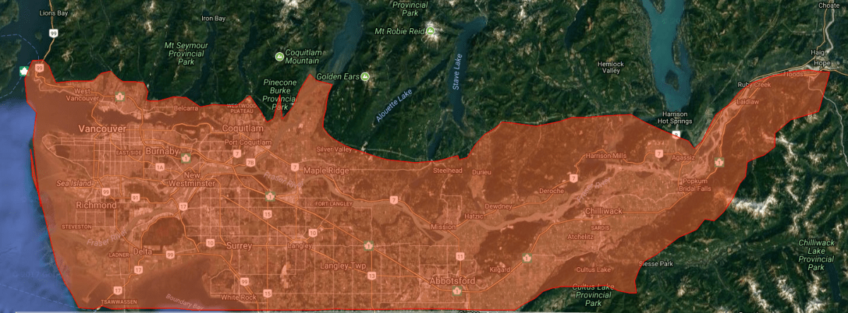 This map shows what 369,674 hectares of wildfire area would look like when superimposed over the Lower Mainland and the Fraser Valley.