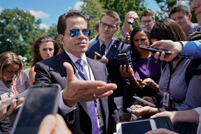 In this July 25, 2017 photo, White House communications director Anthony Scaramucci speaks to members of the media at the White House in Washington, Tuesday, July 25, 2017. 