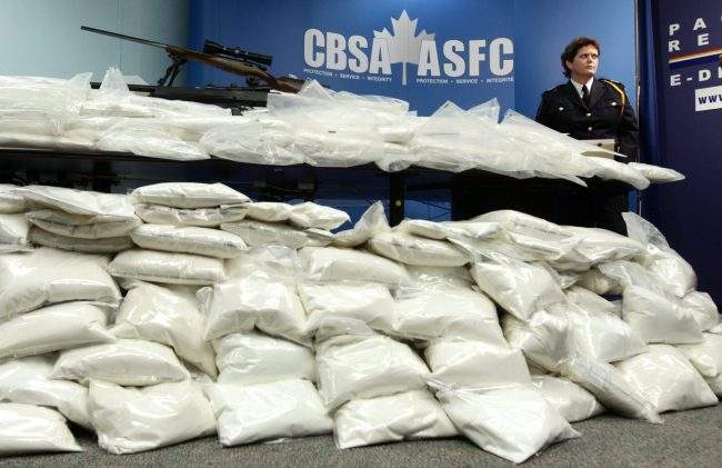 A large seizure of ketamine during a news conference in Vancouver, B.C., January 26, 2011, after 1,000 kg of ketamine worth over $15 million was found aboard a cargo ship arriving from Hong Kong.