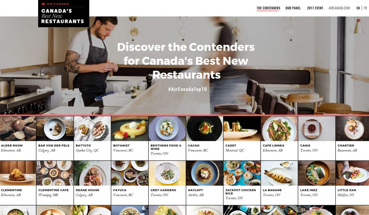 Canada's Best New Restaurants (top 30 nominees) as ranked by Air Canada and American Express. 